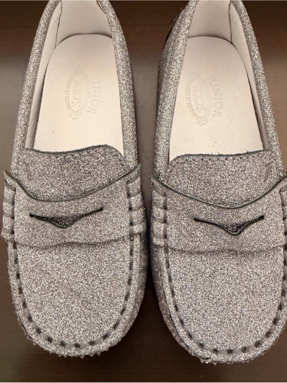 TOD'S Silver Glitter Penny Loafers